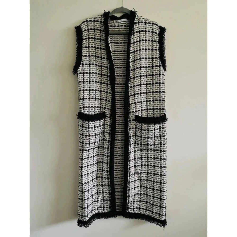 ZARA Color Block Black & White Tweed Sleeveless Cardigan Vest Overcoat - S